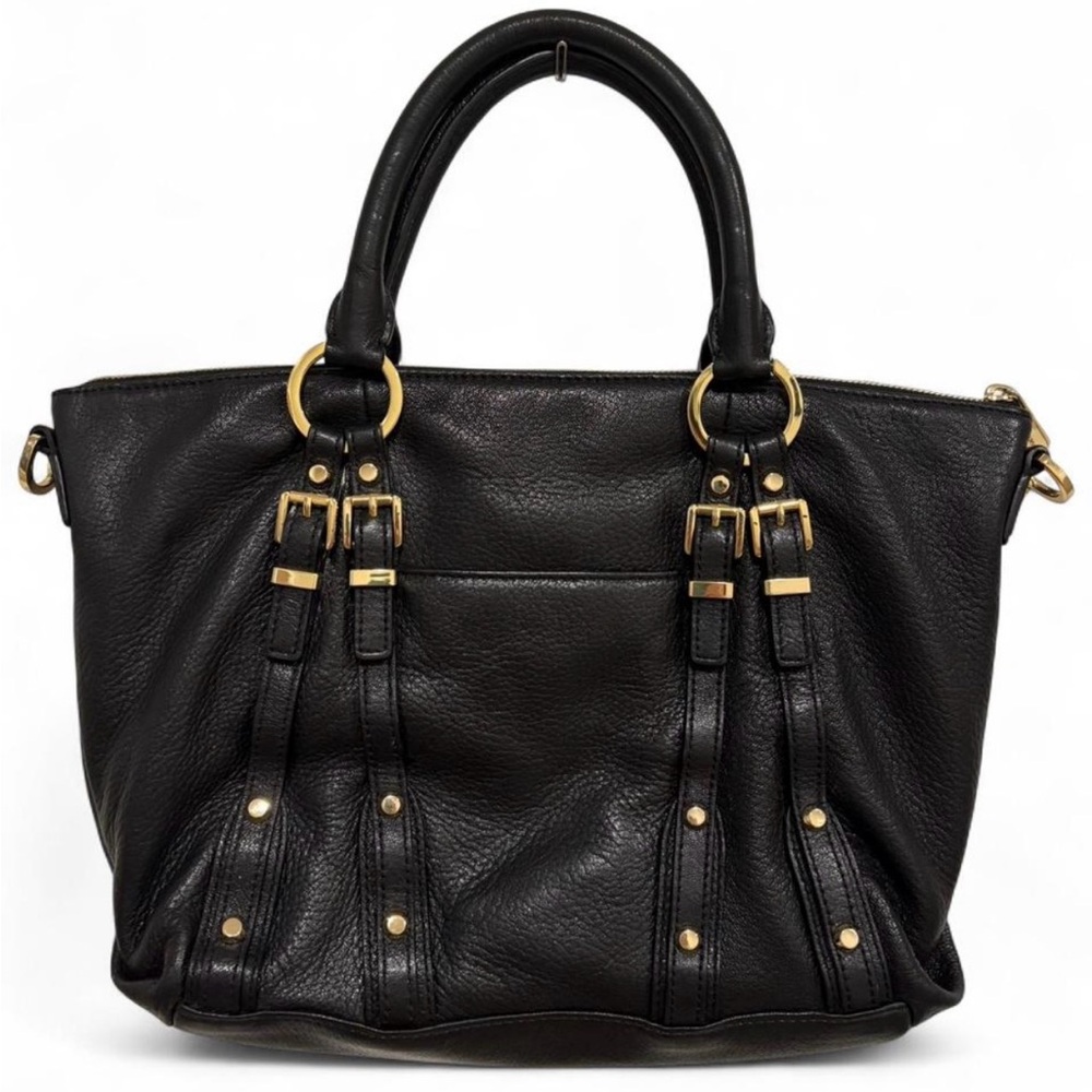 Michael Kors Leigh Black Leather Satchel Purse - Picture 3 of 8